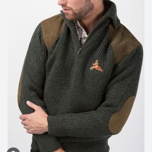 Men's Dark Green Zip-Up Sweater with Suede Details